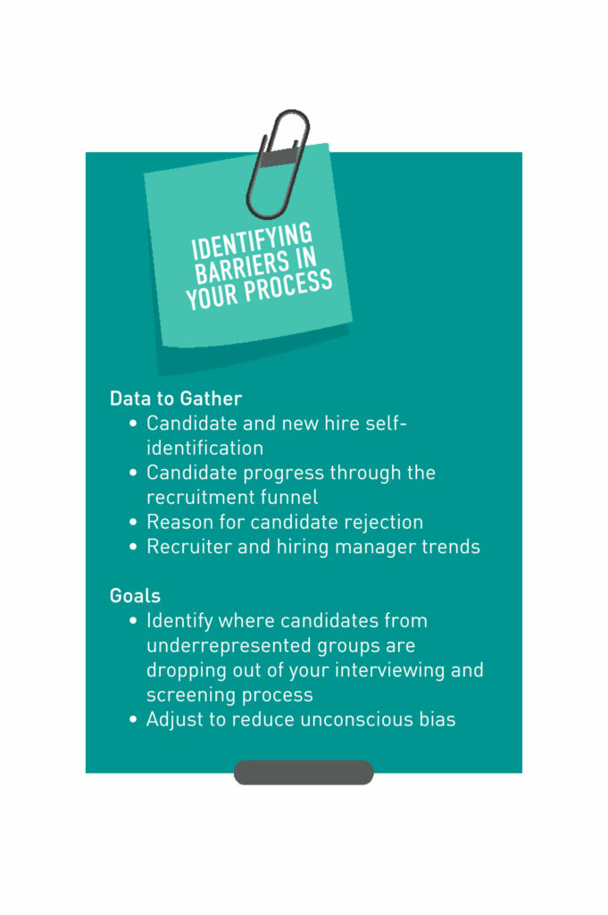 Identifying Barriers in Your Process

Data to gather
•	Candidate and new hire self-identification 
•	Candidate progress through the recruitment funnel 
•	Reason for candidate rejection 
•	Recruiter and hiring manager trends 

Goals 
•	Identify where candidates from underrepresented groups are dropping out of your interviewing and screening process
•	Adjust to reduce unconscious bias in diversity sourcing 
